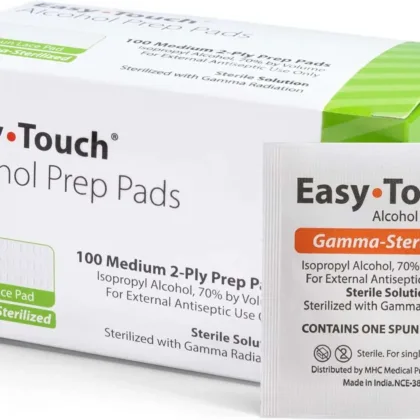 Alcohol prep pads box of 100 with individually wrapped prep pad shown